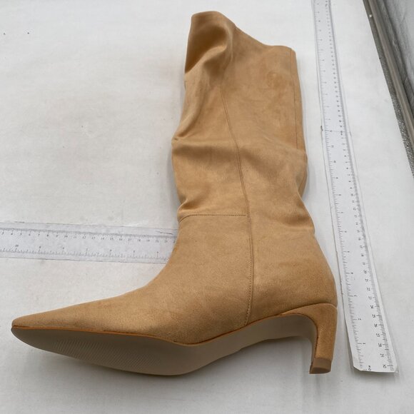 NWT Women Stretchy Knee High Boots Closed Square Toe Low Kitten Heel Nude - Picture 3 of 8